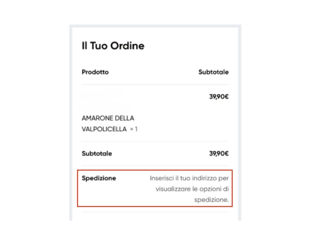 Nel riepilogo al carrello di un e-commerce di vini non vengono mostrati i dettagli di spedizione